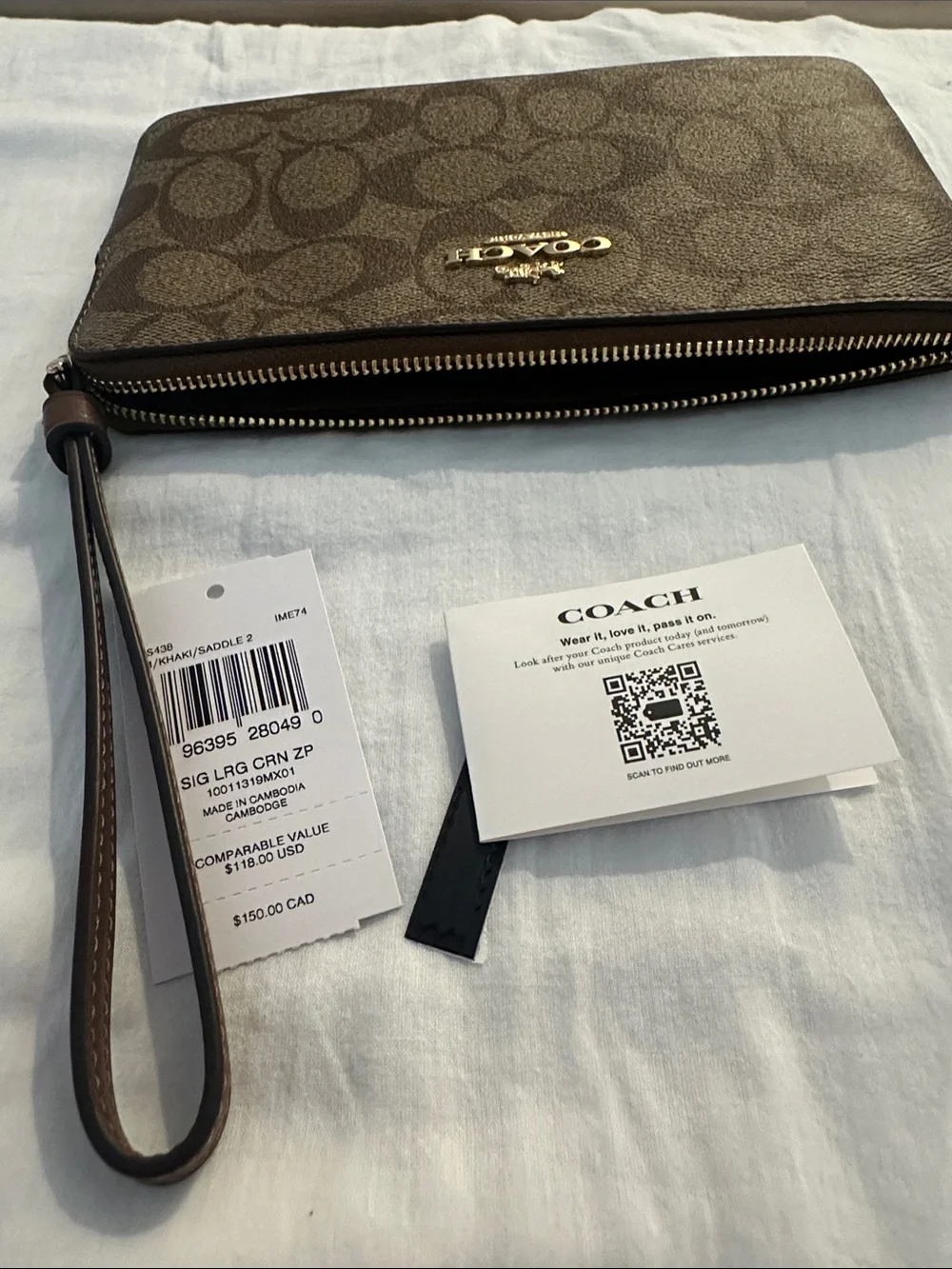 Coach Large Brown Signature Zip Wristlet with Gold Logo